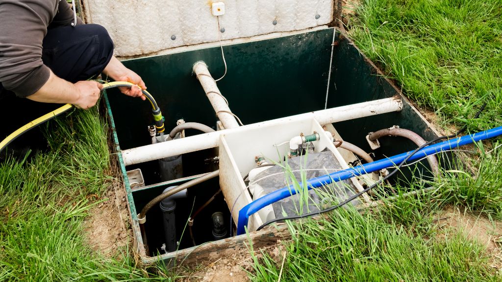 technician cleaning septic tank